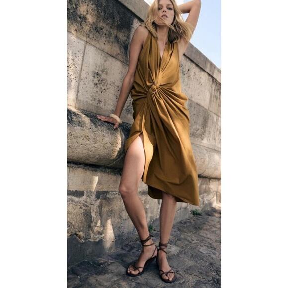 NWT Zara Women's Mustard Yellow 100% Cotton Poplin Midi Dress Size Small - Picture 1 of 7